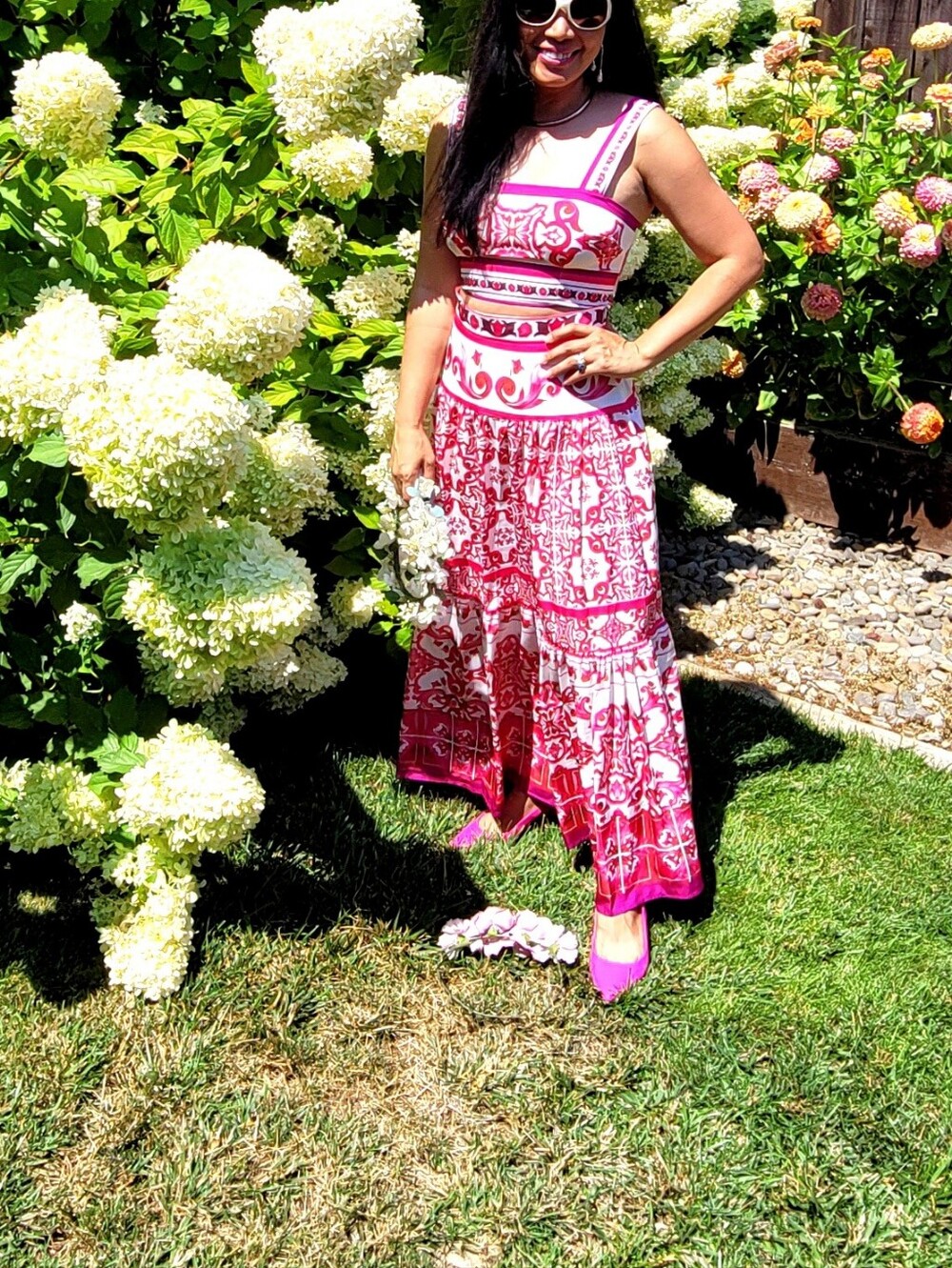 Pink Patterned Maxi Skirt - Women's Summer Skirt Sets Top And Skirts